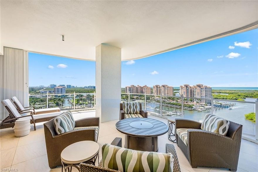 Perched majestically atop Aqua at Pelican Isle, this rarely available furnished penthouse is the epitome of sophisticated living.  Step directly into this exquisite home boasting over 6,600sf under air and 9,453sf total.  Enjoy luxurious living spaces with views of the Gulf to the west and Kinsale Golf Course views to the East.  This penthouse offers indoor to outdoor entertaining spaces.  The 1,315 sf entertaining outdoor terrace has an outdoor kitchen including an ice maker and beverage refrigerator, sitting area with heaters, grill,(never used), and a million dollar view, which cannot be overstated.  No expense was spared in this custom home to bring the finest craftsmanship and unique one-of-a-kind features.  This residence offers custom ceiling treatments, luxurious lighting, remote shades on all windows and doors, marble/wood flooring, a enclosed, temperature controlled wine room, humidor, and quartz counter tops with custom light features. The Open concept Grand Salon blends seamlessly with the Gourmet Kitchen with Top-of-the-Line appliances, two dishwashers, sleek custom quartz countertops and a large entertaining island/sitting area.  A separate custom bar area with an ice-maker, sink, refrigerator and beautifully designed cabinetry creates the epitome of entertaining.  A separate glass enclosed family room and spacious formal dining area complete these well thought out areas.  There are three guest e-suite rooms each unique with countless features.  The primary suite has two separate built out closets, stunning views of the gulf, a large bath with duel sinks and a very spacious shower plus a soaking tub.  Two of the guest suites are currently used as offices, but can instantly be returned to bedrooms with little or no additional work.  Hurricane shutters on all outdoor terraces provide pease of mind protection.  A enclosed oversized two car garage comes with this residence plus additional storage space in garage as well as in the service hall of the residence.  Aqua is amenity rich with 24 hour security, kayaks, two social rooms, golf simulator, outdoor putting green, two dog parks, fitness, theater just to name a few. This home was meticulously designed and completed in 2023 by Collins and Dupont with the purpose to WOW you!  Seller is offering a membership to the Pelican Isle Yacht Club (next door).  This membership includes shuttle to the beach, restaurant, pool, tennis, pickleball and bocce. A 55 foot boat slip in the Aqua Marina (only 5 minutes out to the Gulf) is available.