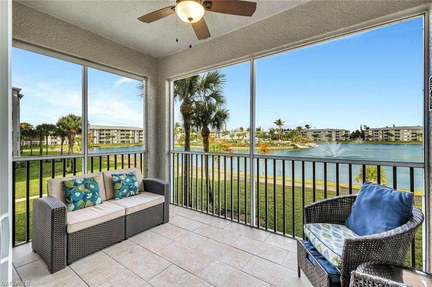 Exceptional WATERFRONT CONDO at Heritage Pointe, a tropically landscaped, gated community located in South Fort Myers near Fort Myers Beach and Sanibel/Captiva Islands. Offered FURNISHED - TURNKEY, this SECOND FLOOR, two-bedroom, two bath unit features SENSATIONAL VIEWS of an EXPANSIVE LAKE with SOOTHING, LIGHTED FOUNTAINS from the tiled lanai as well as several interior rooms. Immaculately kept and well maintained, the unit offers an OPEN FLOOR PLAN consisting of a flowing living area, dining room, pass-through kitchen, and breakfast nook - all with beautiful luxury vinyl plank flooring. The kitchen features granite countertops and newer, stainless-steel appliances. Both bathrooms are updated with unique vanities, flooring, and fixtures. Other features include crown molding throughout, taller baseboards, five ceiling fans, updated fixtures, neutral paint colors, extra shelving, and more. Also included is a very convenient, deeded storage unit &  covered parking space, both just steps from your front door. High-definition fiber-optic based TV & Internet, and water/sewer are included in the comparably low maintenance fee. Heritage Pointe is a financially sound, pet-friendly community located close to the beaches, near Wakahatchee Park & Recreation center with tennis & pickleball courts, Health Park Hospital & Medical complex, pharmacies & grocery stores, shopping, restaurants, and a variety of entertainment venues. Community amenities include a recently renovated amenities center, resort-style heated pool & spa, fitness room, extensive library, paved walking path, plus a community gathering area featuring gas grills, and all-purpose area for bocce ball, cornhole, and putting practice. The community offers an extensive social calendar of activities & events. This beautiful property will make a wonderful SEASONAL retreat, FULL-TIME home, or RENTAL INVESTMENT OPPORTUNITY.