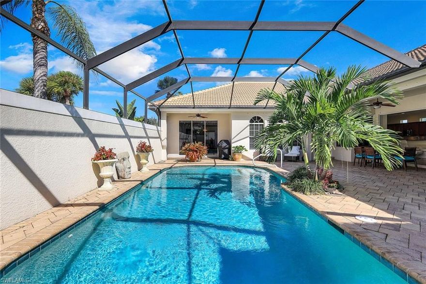 This is a rare find in Naples ! A 4 Bedroom, 4 Bath, Oversized 2 car garage Court Yard Pool Home with Cabana / In-Law Suite complete with 10' Coffered Ceilings, Crown Molding, Plantation Shutters, upgraded Kitchen with large Pantry, New barrel Tiled Roof & New A/C system. This Stunning Centex LUNA MODEL features a Beautiful Rotondra style Foyer, Breakfast Area, Dining Room, Family Room with Built in Media Center, Living Room, huge Walk-In Closet in Master Bedroom & Brick Pavers on both the Driveway & Pool Deck. Tranquil Lake Views from your Back Lanai offer a serene setting for the discerning Buyer.  Delasol is across Livingston Rd from Carlton Lakes & Seed To Table with easy access to I-75, the Airport & the  White sandy Beaches of Naples.