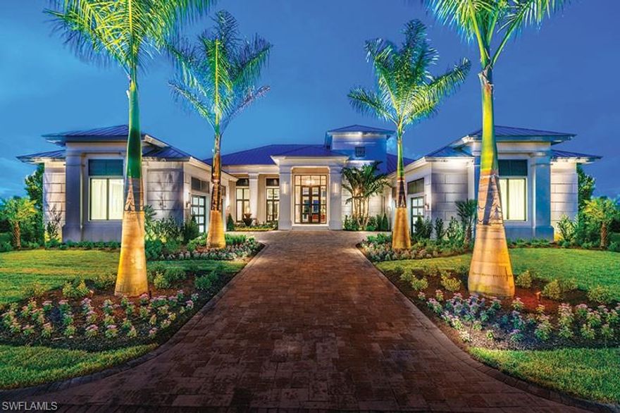 Introducing the “Hemingway” a waterfront grand estate home by Randall Mitchell Custom Homes in the exclusive gated neighborhood of Sorrento at Miromar Lakes Beach & Golf Club. The fully furnished Florida transitional style home has 5 bedrooms, 5 bathrooms, a powder bath, pool bath, great room, study, and two 2-car garages. Square footage is 6136 under air. The bedrooms are all en suites, and the game room features a wet bar. Outdoor features include a fireplace surrounded by floor-to-ceiling stone, an oversized kitchen island and custom kitchen cabinetry.  Outdoor living encompasses several covered conversation seating areas, a summer kitchen, bar, raised sundeck, and fire pit. The half-acre site looks in one direction across a nearly mile long view of Lake Como and in another to a peaceful preserve. There is also a large covered balcony on the second story with multiple access points to provide outdoor living for all the 2nd floor rooms.  The home allows for the utmost enjoyment of Miromar Lakes 700 acres of fresh water lakes, boating, and fishing. Deeded dock rights transfer, so you can add your private boat slip at your residence.