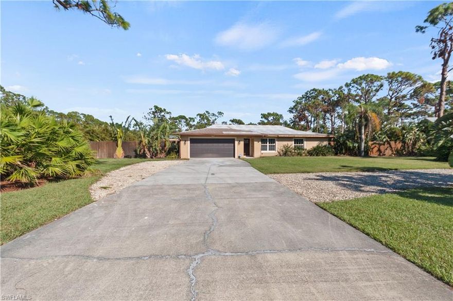 Here's your chance to create your dream home in one of Estero's most coveted communities Cranbrook Harbor. This nearly 1-acre parcel includes a concrete block single-family pool home, a 25x45 (1,080 SqFt) steel building detached garage (Cat 5 hurricane rated - 180 MPH certified) with 12' wall heights, (3) 10’ x 10’ roll-up doors (Hurricane certified), and upgraded framing and siding. The house has impact windows & doors, LED lighting, new PEX plumbing in 2019, a water softener system, and functioning A/C. The property is surrounded by a privacy fence, installed in 2017, & is located only minutes from some of the area's best shopping/ dining, Hertz Arena, Bonita and Barefoot Beach, and RSW airport. The home was damaged during hurricane Ian.