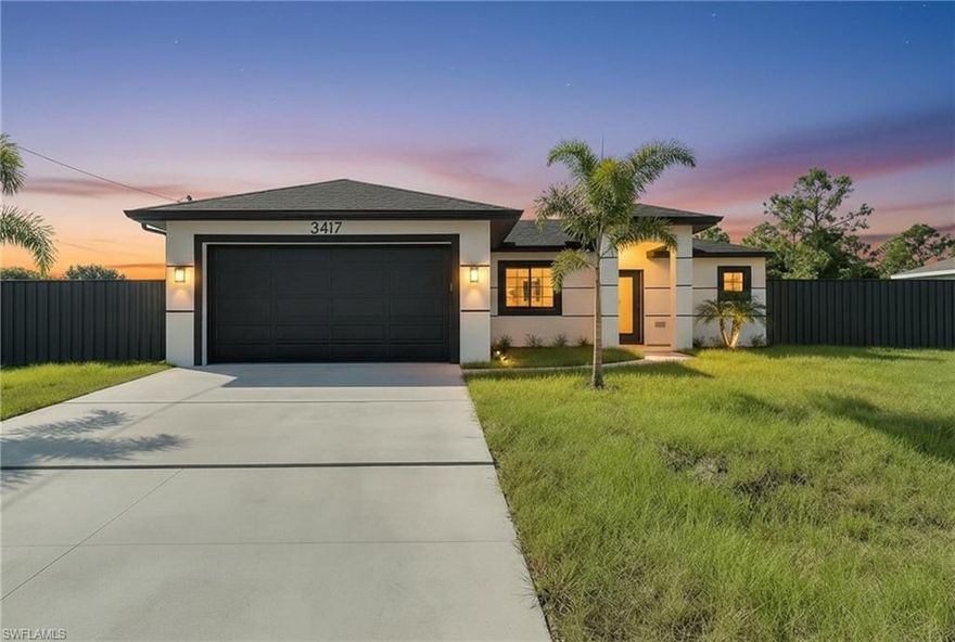 This NEW CONSTRUCTION HOME combines MODERN STYLE, PREMIUM FINISHES, and a SMART OPEN LAYOUT with 4 BEDROOMS, 2 FULL BATHROOMS, and TILE FLOORING THROUGHOUT. Enjoy a MODERN LIVING ROOM, STUNNING WATERFALL ISLAND KITCHEN with QUARTZ COUNTERTOPS, STAINLESS STEEL APPLIANCES, and DESIGNER DETAILS.
The home includes IMPACT WINDOWS/DOORS, LAUNDRY ROOM WITH WASHER & DRYER, COVERED LANAI WITH OUTDOOR COUNTER, 2-CAR GARAGE WITH EPOXY FLOORING, and a SECURITY CAMERA SYSTEM.
As a SUPER PLUS, the property is FULLY FENCED WITH A MODERN METAL FENCE, adding privacy, security, and a stylish exterior look.
Located in a TOP LEHIGH ACRES ZIP CODE, very close to I-75 and 82 just MINUTES FROM FORT MYERS INTERNATIONAL AIRPORT.
HELP WITH CLOSING COSTS AVAILABLE!