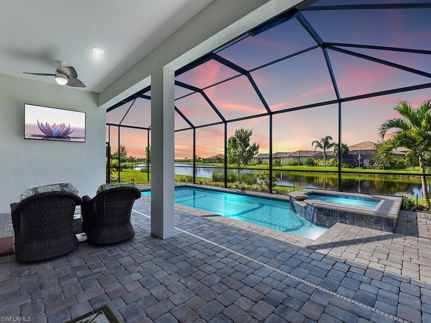 Welcome to this like new Mystique floor plan home in the Del Webb community of Ave Maria. This home is loaded with $175,000 worth of upgrades, and features 2 bedrooms plus a den, 2 bathrooms, a 2 car garage with 10’x15’ of extra storage space, and an extended screened in lanai with a gorgeous pool & spa overlooking the lake. This floor plan is perfect for entertaining with the kitchen flowing into the living room & dining room and the zero corner sliding glass doors leading to the outdoor oasis. The master suite features a tray ceiling, over sized walk-in closet, walk in shower, and a dual sink vanity. The kitchen is beautifully upgraded with stone gray cabinets, pearl jasmine quartz countertops, electric cooktop, a counter depth french door fridge, and a combination convection microwave wall oven. Del Webb Naples is a 55+ community designed to fit any lifestyle with an optional golf membership, tennis and pickleball courts, resort and lap pools, a state of the art fitness center, and two clubhouses with full-time Lifestyle Directors. Del Webb is just a short distance from the Ave Maria town center which you can drive to on your own golf cart if you wish!