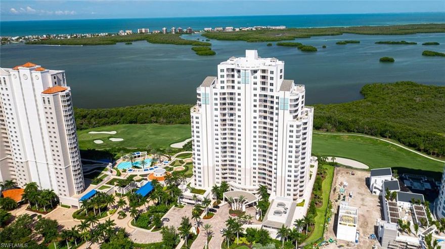 C6136- Sold turnkey furnished including designer décor, furniture, artwork, linens and kitchenware. Spacious 20' x 21’7 living room with large built-in flatscreen tv and linear fireplace. Lovely owners’ suite overlooking the water, with 2 walk-in closets, custom bath finishes and high-end spa/tub. All three bedrooms open onto terraces. Roomy guest bedrooms on opposite wing offer extra privacy, both guest bedrooms with ensuite baths and walk-in closets. If desired den can be used as 4th bedroom with adjacent bath. Private elevator foyer. Very spacious 14’6” x 22’ screened lanai with built-in gas grill. Wide, west facing sunset views over the water. 2 assigned under building parking spaces, plus storage unit. Sophisticated lighting fixtures, elegant wall finishes and window coverings. Built in 2018, Seaglass offers 24-hour front desk, rooftop deck/entertaining area, resort pool and spa, billiards room, fitness room, social room, meeting room and movie theater. Bonita Bay has beach park on the Gulf, 12 miles of walking trails, 380 boat full service marina, five golf courses, ten pickleball courts, 18 tennis courts, bocce ball pavilion and huge fitness/spa/salon facility.