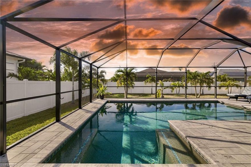 Your private oasis awaits, with this meticulously maintained 3-bed, 2-bath Cape Coral residence. Timeless elegance meets modern comfort with a new heated saltwater pool in 2021, screened lanai enclosure, & modern paver patio. Updates include new kitchen cabinets/granite (2015), plumbing re-pipe, generator hookup, ceiling fans, lighting fixtures, & modern black stainless appliances. Custom faux wood blinds & vertical slider blinds add sophistication, ensuring privacy. A 2020-2023 overhaul introduced a new sprinkler system, AC unit, master bathroom upgrades, grout sealing, & all-new IMPACT WINDOWS AND SLIDERS for enhanced safety. Enjoy a fenced yard w/ palm trees, newer bedroom flooring, and a renovated guest bath. Conveniently located near Veterans & Chiquita, this home offers accessibility to shopping, restaurants, parks, several great schools, Storm youth football complex, & Palmetto Pine Golf Country Club. The homes across the street are on a gulf access canal, boosting property value & curb appeal. Sellers lender did not require flood Insurance. With every detail considered and no work needed, seize the opportunity to make this haven your own. Great Airbnb potential! Call Today!