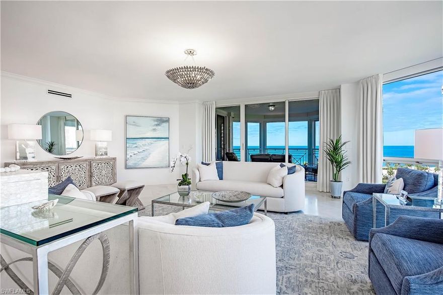 Nestled within the prestigious Park Shore community, The Brittany Condominium stands as a beacon of timeless luxury, presenting an exclusive 06 residence that has been masterfully updated with superior high-end finishes. Encompassing 3,393 square feet of living space, this 3-bedroom plus den, 3.5-bathroom sanctuary offers an unparalleled experience of Naples' finest beachfront living, where elegance seamlessly meets the serene beauty of nature. This residence showcases an exquisite attention to detail with its sophisticated interiors. The kitchen and bathrooms have been completely reimagined, featuring sleek new cabinetry and stunning quartz countertops. The expansive, open floor plan is both inviting and refined. The living spaces are framed by breathtaking views of the Gulf of Mexico, Venetian Bay, and the vibrant Naples skyline. Dual spacious balconies and floor-to-ceiling windows create the perfect viewing platforms from the golden hues of sunrise over the bay to the fiery brilliance of Gulf sunsets. Every room in this residence offers its own postcard-worthy view, enveloping you in the beauty of your surroundings. Designed for comfort and entertainment, the split-bedroom floor plan features an expansive master suite, which boasts floor-to-ceiling windows offering unrivaled Gulf vistas. Adjacent to the master suite, the living and formal dining areas flow effortlessly into the bar and western-facing lanai, an ideal space for hosting family and friends. Added conveniences include electric shutters for both privacy and storm protection, extra storage, and two secured, covered parking spaces, ensuring peace of mind and exclusivity. The Brittany is a testament to luxury living, offering residents a host of world-class amenities. Stay active in the well-equipped fitness center, mingle with neighbors in the social card room, or enjoy a serene walk to your private beach access. Indulge in the resort-style beachfront pool and spa area, entertain guests in the elegant guest suites, or challenge friends to a game on the tennis courts—all while being protected by 24-hour security services. Positioned just steps from Venetian Village, The Brittany places you in the epicenter of Naples luxury. Enjoy upscale dining, shopping, and entertainment at destinations such as Waterside Shops, Artis-Naples, and Mercato, or immerse yourself in the charm of downtown districts like 5th Avenue South and 3rd Street South. For boating enthusiasts, residents have the rare opportunity to lease or purchase a boat slip at the Venetian Yacht Club, adding an element of maritime adventure to their lifestyle. This Brittany residence offers a harmonious blend of luxury, comfort, and natural beauty. With every detail meticulously crafted and every amenity thoughtfully designed, this is more than a home—it’s a lifestyle choice for those who demand nothing but the best. Discover the pinnacle of Naples beachfront living, where every day is a journey through paradise.