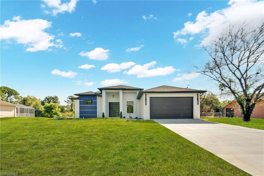 HALF ACREEE!!!!!!!!  Brand-new construction in the heart of Lehigh Acres, FL, offering the perfect blend of modern style and everyday comfort. This beautifully designed home features soaring high ceilings and tile flooring throughout, creating a sleek, open, and low-maintenance living space. The contemporary finishes add a touch of elegance to every corner, from the spacious living areas to the thoughtfully designed kitchen. Enjoy indoor-outdoor living with a large covered lanai, perfect for relaxing or entertaining year-round. The property also includes a two-car garage, providing ample space for vehicles and storage. Conveniently located near major roads, shopping, and dining, this home is an excellent opportunity for buyers seeking quality, style, and functionality in a growing area.