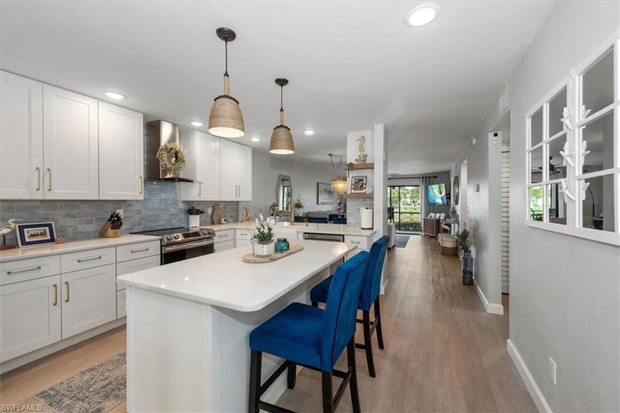 Looking forward to living in PARADISE?  This Coastal themed condo is your perfect opportunity from the moment you enter, you see only BEAUTY starting with the raised kitchen ceiling, 42 inch upper cabinets, farm house sink, 2 beautiful baths and so much more.  This TURN KEY condo was completely remodeled in 2023.  The owners have created your forever home in Paradise.  Kelly Greens Golf & Country Club, is a private gated community where location provides access to nearby beaches such as Sanibel Island, Bunche Beach, and Fort Myers Beach, making it a comprehensive recreational and residential community.  This 2 bedroom 2 bath condo conveniently located within walking distance to all amenities including a championship 18 hole golf course  a full-service golf pro shop, practice facilities with putting green and driving range, a tennis program, workout and activity centers, a community pool with snack bar, and a full-service bar and restaurant hosting music and fun activities all year long.  Picturesque wild life and sunrise and sunsets.  This is your true dream to live in PARADISE!!