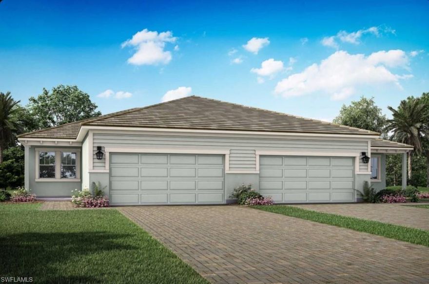 Welcome to the Largo in Bonavie Cove—a bright, low maintenance paired villa offering 2 bedrooms, 2 baths, a study with double French doors, and a 2 car garage across approximately 1,431 sq. ft. of airy, single level living. Natural light spills in through the 12' sliding glass door that opens to a screened lanai, creating seamless indoor outdoor living perfect for morning coffee or sunset gatherings. The kitchen is a showpiece with creamy painted cabinetry on the perimeter, a warm, latte toned maple island with crown detail, modern gold pulls, and off white quartz countertops with delicate gray and taupe veining reminiscent of natural marble—balanced by a refined linear mosaic backsplash for subtle texture. Throughout the main living areas, luxury vinyl plank flooring delivers a cohesive, easy care look, while both baths feature light, stone gray 18x18 tile set in a brick pattern; the owner’s bath adds a sleek brushed nickel framed shower with coordinating tile surround and mosaic shower floor. A thoughtfully curated Whirlpool appliance suite is included—dishwasher, electric range with air bake features, over the range microwave, and a 36" side by side refrigerator that’s ENERGY STAR® certified—plus a washer and electric dryer to make move in a breeze. Set within Bonavie Cove’s private, gated setting in Fort Myers, FL, you’ll enjoy resort style amenities including a pool, fitness center, covered cabana, social terrace and fire pit, grilling stations, paw park, and walking paths—all just minutes from award winning beaches, historic downtown, and everyday conveniences.
*** Photos, renderings and plans are for illustrative purposes only and should never be relied upon and may vary from the actual home. Pricing, dimensions and features can change at any time without notice or obligation. The photos are from a furnished model home and not the home offered for sale.