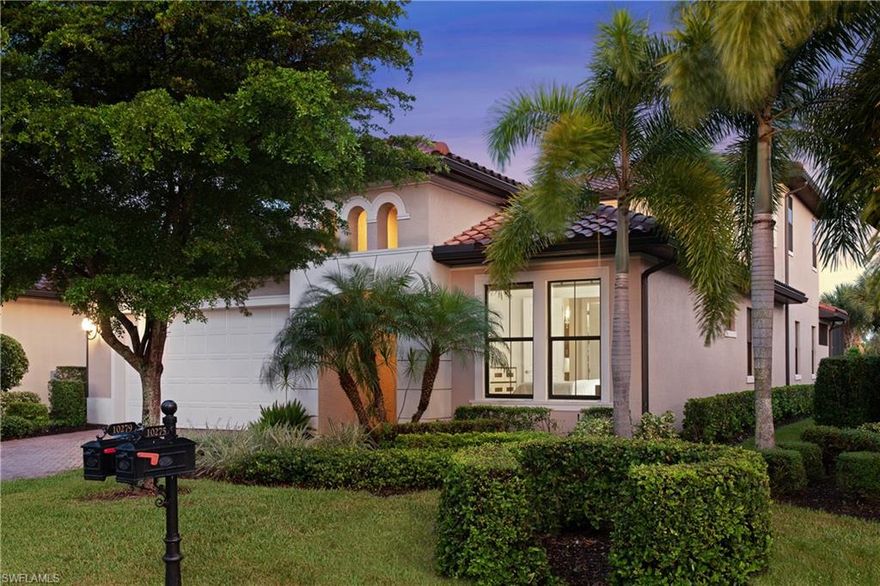 One step inside this 4 bed + den, 4 bath former model home and you immediately notice the attention to detail. The tall ceilings and crown molding create a towering presence across the window rich, light filled main level. Chandeliers guide you down the foyer, past the study and into the living area. Sliding doors open to create the ultimate indoor outdoor living experience. Beautifully constructed pool and spa with breathtaking water and golf course views. Poolside, master bedroom offers a convenient walk-out, hardwood floors, stunning master bathroom with glass shower and large walk-in closet. Gourmet kitchen features top end, stainless appliances, endless granite counters, pantry and center island. The floor plan combines the formal dining space and living room to create an inviting environment to gather. 2 add'l bedrooms with complimenting baths and laundry room complete the main level. Walk upstairs to your own private theater/4th bedroom and bath. Enjoy family movie night from the comfort of your stadium style seating. 2 car garage.  Minutes to restaurants, shopping and RSW Airport. Welcome home to the World Renown Miromar Lakes community, golf course and signature amenities!