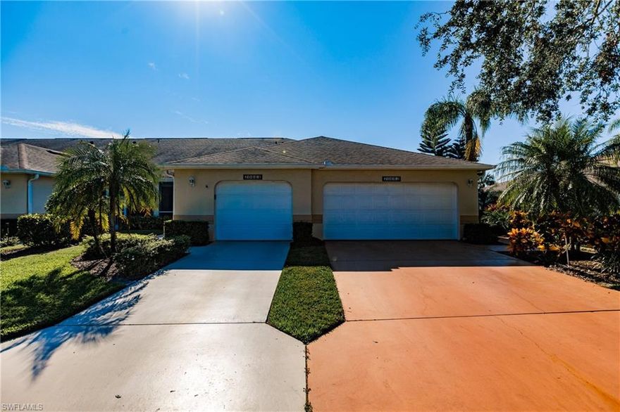 This rarely available END-UNIT villa with stunning LAKE and GOLF COURSE views with Southwestern rear exposure is beautiful! The exceptionally clean and maintained property offers 2 bedrooms plus Den, 2 full bathrooms and an attached 2-car garage with over 1375 square feet of living space. Updates include granite countertops in the kitchen, kitchen cabinets and doors, tile and engineered hardwood flooring throughout, newly painted interior. The villa is right across the street from one of the 5 community pools that Country Creek offers its residents. Village of Country Creek also offers an amazing golf and clubhouse lifestyle: Restaurant and bar, 18 hole executive golf course, tennis courts, bocce. As well as many other activities and events like dinners, dances, card playing groups. Country Creek is located in Estero which is a perfect central location of SWFL. Shorts drives to Coconut Point Mall, Miromar Outlets, Hertz Arena, Gulf Coast Town Center, FGCU and RSW International Airport.