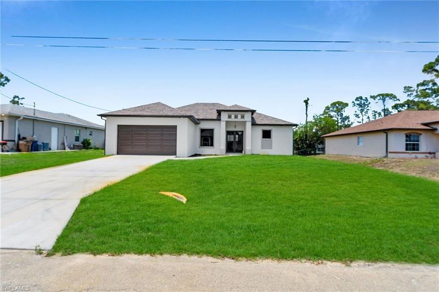 Location, Location, Location! Brand new construction with modern finishes, this beautifully designed 3 Bedroom + Den, 2 Bath home offers 1,603 sq ft of living space and a 2-car garage. Featuring sleek tile flooring throughout, high ceilings, and an open floor plan, this home is perfect for comfortable living and entertaining. The contemporary kitchen includes acrylic cabinets, elegant quartz countertops, and stainless-steel appliances. Bathrooms are equally impressive with floating vanities and matching upscale finishes. The versatile den can serve as a home office, playroom, or fitness space. Located in a desirable area of Lehigh Acres, just minutes from shopping, restaurants, schools, and hospitals—this is the perfect place to call home.