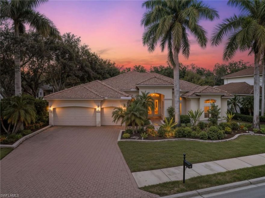 Located within the gated community of Belle Lago in Estero, this beautifully maintained Royale Model showcases  recent upgrades and effortless, move-in-ready appeal on a spacious, private lot. Offering 4 bedrooms, a study/den and 3.5 baths, the thoughtfully designed floor plan provides generous space for everyday living and welcoming guests, with the added convenience of a dedicated half bath ideal for entertaining. Inside, a stunning 2025 kitchen remodel delivers a fresh, modern aesthetic with updated cabinetry, designer finishes, and contemporary fixtures—creating a seamless blend of style and functionality. The open layout flows comfortably for both entertaining and relaxed daily living. Major system upgrades provide exceptional peace of mind, including NEW IMPACT RESISTANT WINDOWS and DOORS, new A/C system (June 2024), new pool heater (2024), new pool pump (2025), and a new garage door opener (2025). With significant improvements already completed, this home offers both style and confidence. Step outside to your private lanai with heated pool and spa designed for year-round enjoyment. Living in Belle Lago means enjoying a resort-inspired lifestyle surrounded by scenic lakes, lush landscaping, walking trails, and a beautifully appointed clubhouse with fitness center, tennis, pickleball, and an active social calendar. Belle Lago residents enjoy optional membership opportunity at neighboring The Vines at Estero Country Club. Residents have the rare flexibility to join this private golf and country club without bundled fees—offering championship golf, a newly renovated clubhouse, fine dining, tennis, fitness, and a vibrant social scene, all accessible through a private community gate. This is more than a home—it’s an opportunity to enjoy elevated Southwest Florida living with flexibility, comfort, and long-term peace of mind.