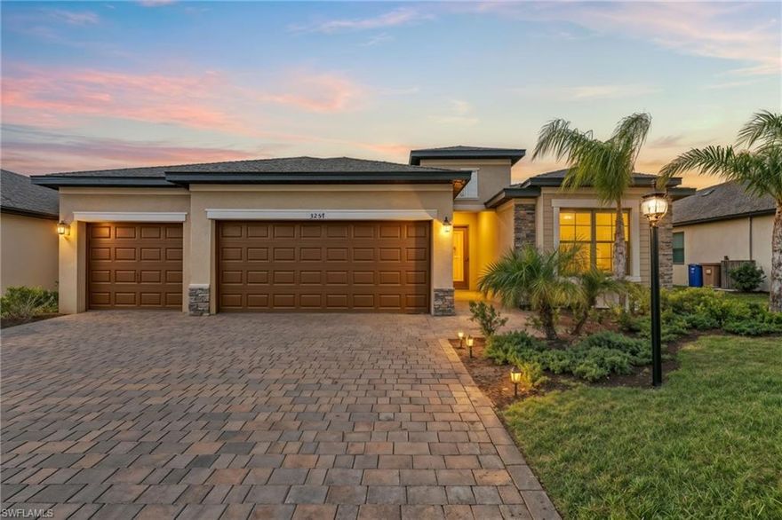 Welcome to 3557 Altimira Drive—a rare opportunity to own one of Portico’s most sought-after estate-sized homes with unforgettable lakefront sunsets. This spacious 4-bedroom, 2-bath home spans nearly 2,300 square feet and includes a hard-to-find 3-car garage, all set within a vibrant, guard-gated community. Thoughtfully designed with volume ceilings, an open concept layout, and abundant natural light, the home blends comfort, functionality, and timeless style. Located in one of Fort Myers’ most exciting growth corridors, you'll enjoy peaceful lakefront living just minutes from new schools, shopping, and dining. Inside, modern tile flooring flows throughout, creating a clean and cohesive look. The kitchen is both beautiful and practical, with quartz countertops, ample cabinetry, and generous storage—seamlessly connected to the main living and dining areas. Sliding glass doors open to a large, private backyard—perfectly positioned for jaw-dropping sunset views every night. There’s also plenty of room to add a custom pool and bring your dream outdoor space to life. The private primary suite offers a peaceful retreat, complete with dual sinks, a walk-in shower, and a spacious closet. As a resident of Portico, you’ll enjoy resort-style amenities including pickleball, tennis, basketball, a clubhouse, fitness center, playground, pool, and 24-hour gated security. Whether you're ready to settle in or exploring investment potential, this home offers flexible options—a responsible tenant is in place and open to staying, providing immediate rental income if desired. It’s the kind of home you walk into and immediately picture raising your family, hosting friends, and watching the kids grow up—with those sunsets as your everyday backdrop.