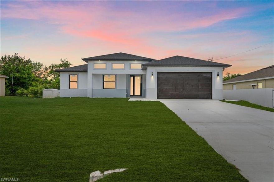 Brand-new construction in the heart of Lehigh Acres! This stunning 4-bedroom, 2-bathroom home with a 2-car garage features modern finishes throughout, including porcelain tile flooring, hurricane impact windows and doors, and an open-concept layout designed for today’s lifestyle. The kitchen offers granite countertops, stainless steel appliances, and a breakfast bar, while the spacious primary suite includes dual sinks and a walk-in shower. Enjoy the Florida lifestyle on your covered lanai and private backyard. Conveniently located near Southwest Florida International Airport (RSW), Daniels Parkway, I-75, shopping, dining, and schools, providing easy access to all of Southwest Florida. Perfect as a primary residence or investment property!