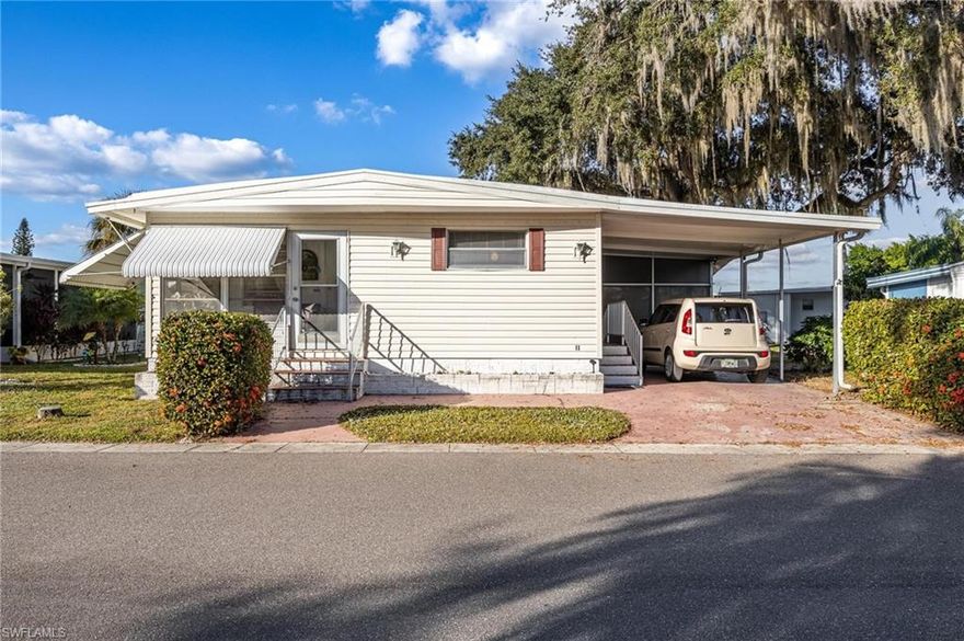 A rare find in Alva! 55+ and better community located on the Caloosahatchee River. Peaceful community with lots of activities, including heated community pool, community boat ramp, clubhouse, bocce ball, shuffleboard, horseshoes, pool table, library and bus facilities weekly. For use of the boat slips you will have to check availability, if nonavailable they add you to list. There is a boat ramp within the community and boat storage and an additional fee per month. This 2 bedroom, 2 bathroom manufactured home is situated close to the community pool and other activities. Kitchen is spacious with stainless steel appliances. The home has an open floor plan and built in storage area. There is a front Florida room where you can enjoy the views of the large oak trees and community. Attached carport and enclosed room that you can use for a shed or workshop area. One pet is allowed under 25 pounds. Seller is only considering cash offers at this time.