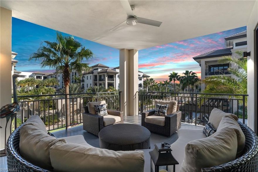 An expertly designed experience has arrived at Quattro, the final and most desirable phase in Naples Square. Meticulously upgraded with every luxury amenity, this modern coastal residence overlooks the lush and tropical courtyard with swaying palms beyond, offering one of the most dynamic views of the community. Over 2,800 square feet of sweeping interior space brings forward 3 spacious bedrooms, 3.5 baths, a den and an open kitchen, living and dining room concept for entertaining. Floor to ceiling windows beam in natural light and slide open to a 237 sq ft lanai for an extra dose of serenity. Every detail has been hand-selected to deliver a sophisticated Naples lifestyle, from the Sub-Zero refrigerator, wine cooler and natural gas Wolf cooktop in the kitchen to the wide plank wood flooring throughout. This unit comes with two deeded parking spaces in the gated garage. Naples Square residents enjoy a Club room and a state-of-the-art fitness center, along with the courtyard featuring a pool, hot tub, cabanas, fire pit, gas grilling area, and bar. This community is pet-friendly. Move in and start enjoying this rare piece of paradise right away!