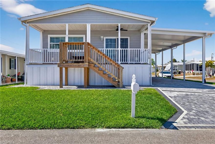 Welcome to Old Bridge Village, North Fort Myers’ premier 55+ Boating Community! This exceptional, newer manufactured home is Elevated to current flood code on a professionally engineered pad with 350 tons of compacted lime rock, offering outstanding Stability and Peace of Mind. Designed with comfort and safety in mind, the home features Dual Staircases built to hurricane code, a Wheelchair Lift for Accessibility, and a Covered Front Porch with a ceiling fan for relaxing outdoors. The Sealed Paver Driveway is also elevated to protect vehicles and offers Ample Parking for two vehicles plus a golf cart, while the permitted Carport is engineered to code for Extra Protection. Take advantage of footers already poured and inspected for a future 5'x10' shed. Inside, enjoy efficient comfort with a split unit A/C within the Open Floor Plan and comfortable layout. This move-in ready home is thoughtfully designed for long-term value and easy living.
Old Bridge Village offers unmatched amenities to support an active, vibrant lifestyle. Residents have access to a state-of-the-art Health and Fitness Center, two heated Saltwater Pools and a Spa with beautiful views of the marina and Caloosahatchee River, and a private deep-water marina with 81 slips and direct access to the Gulf of Mexico and Atlantic. Enjoy lighted Tennis and Pickleball Courts, Bocce Ball and Shuffleboard Courts, and an 8.5-acre Riverfront Greenspace at Palm Point for birdwatching, fishing, and picnicking. The Clubhouse serves as the social hub of the community, hosting events, activities, and clubs year-round. Golf enthusiasts will appreciate the putting green and driving net, while the horseshoe pit offers a fun way to unwind with neighbors.
Experience the perfect blend of comfort, safety, and community in this beautiful home. Schedule your private showing today and discover why Old Bridge Village is one of Southwest Florida’s best-kept secrets!