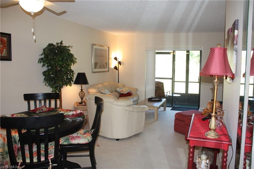 First floor, end-unit Turnkey condo has been perfectly maintained. Bright and airy with neutral palette, tile in the wet areas, and carpet in the main living areas. Great location and 3 extra windows as a bonus for end-unit. All you need to bring is you! Views of manicured landscaping and shade trees from main living area and master. Enjoy sipping your favorite beverage on the lanai before heading to the Clubhouse to splash in the oversized community pool or play pickleball, bocce, tennis. Great room living and split bedrooms for privacy. Start living in paradise with a very social 55+ and better community.  Location is close to anywhere you want to be in Naples, beaches, great shopping and dining. You’ve found your new home!