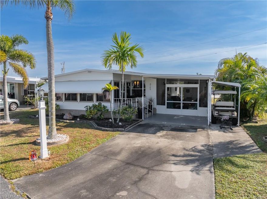 Beautiful, immaculate, and meticulously maintained home located in Phase 1 of Tamiami Village, a premier 55+ community—just minutes from the vibrant downtown Fort Myers River District!
This charming residence comes turn-key and has been thoughtfully updated with newer floors and subfloors completed within the last few years, providing a fresh, solid foundation throughout. Brand new AC installed in 2023 to keep you cool. Additional improvements include a 2019 water heater and a 2011 roof replacement, which remained strong with no hurricane damage.

The front porch is equipped with hurricane-rated windows, offering added protection, comfort, and peace of mind during storm season. Inside, the home features full drywall, giving it a clean, modern residential feel. The insulated carport roof adds year-round comfort, and a golf cart is included—perfect for cruising the community.

You'll also enjoy the financial perk of an included share valued at $27,000, lowering your monthly maintenance fee to just $213.77. Park internet and cable are included with a simple $100 transfer fee.
Front porch is enclosed and adds 144 additional square feet to the home and can be used as a bonus room.

Tamiami Village offers a truly vibrant and active lifestyle, with tons of daily and weekly activities, including:
• Water aerobics & exercise classes
• Bingo, card games & social events
• Crafts, hobby clubs & workshops
• Shuffleboard leagues & pickleball
• Community dinners, dances & seasonal celebrations
• Three pools, a fitness center & endless social opportunities

Just a short drive away, downtown Fort Myers brings even more to enjoy, with:
Waterfront dining & charming local restaurants
Boutiques, specialty shops & open-air markets
Live music, theater, art walks & cultural events
Beautiful riverfront parks & walking areas

This is a beautifully cared-for, move-in-ready home in one of SWFL’s most desirable 55+ communities—close to shopping, dining, entertainment, and surrounded by nonstop activities right inside the park.