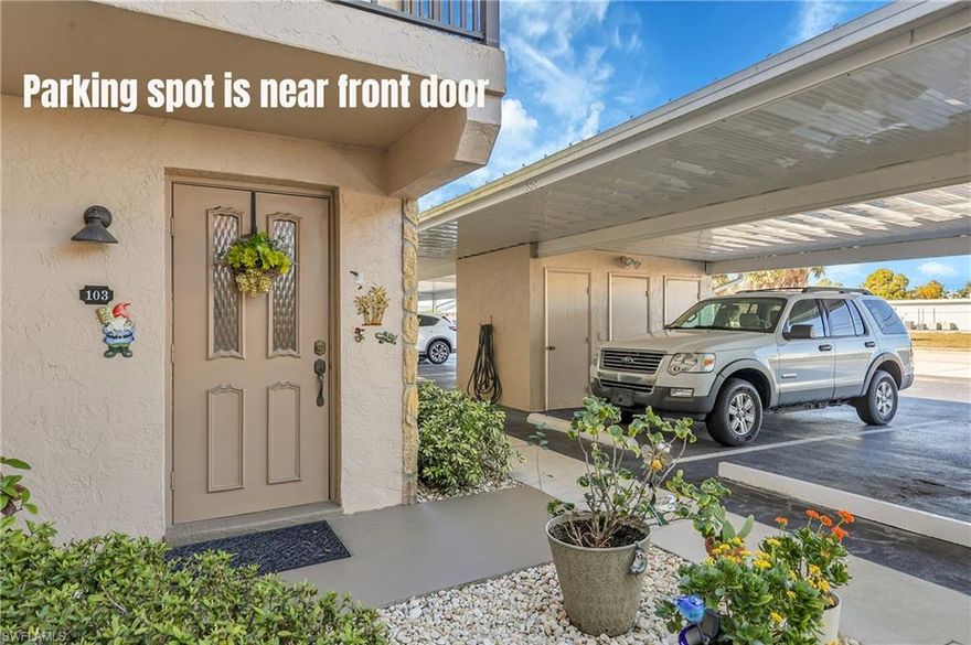 BIG PRICE REDUCTION! Wonderful OPPORTUNITY to purchase this FIRST FLOOR 2 bed/2 bath condo with GULF ACCESS in DOWNTOWN CAPE CORAL! Easy in/out of this home with NO STAIRS. ASSIGNED COVERED PARKING SPACE is CONVENIENTLY LOCATED only 12 feet from the front door! This WATERFRONT condo with first come first serve BOAT DOCK is perfect for a SNOWBIRD or year-round resident who enjoys getting out on the water quickly...only 1/2 a mile boat ride to the river and 1 bridge. The SPACIOUS unit has 1,200 square feet which includes LOTS OF STORAGE, plus a SCREENED LANAI measuring an additional 190 square feet. Enjoy bringing the outdoors in with 2 sets of DISAPPEARING SLIDERS, providing CANAL VIEWS and easy access to the boat dock. The OPEN LAYOUT allows views from the kitchen all the way out to the SCREENED LANAI which is protected by hurricane shutters. KITCHEN features durable PORCELAIN COUNTERS & TILE backsplash with white cabinets. Both BATHROOMS are UPDATED and accented with colorful tile! The PRIMARY BEDROOM features SLIDERS out to SCREENED LANAI and measures 16’x11’. Both bedrooms are furnished with KING beds. Barn doors enclose the PRIMARY ENSUITE BATHROOM with a tiled step-in shower and WALK-IN CLOSET. The 2nd/guest bedroom is also spacious, measuring 14’x11’, and is separated from the primary bedroom by the laundry area, LINEN CLOSET, guest bathroom, and STORAGE ROOM. GUEST BATHROOM has a TILED tub/shower combo. The WASHER & DRYER are conveniently located between both bedrooms. TILE/LAMINATE FLOORING throughout! NO CARPET. SOUTHERN EXPOSURE! TROPICAL PLANTS and TREES are throughout the property. WELL-MAINTAINED community consists of only 20 units with a HEATED POOL between the 2 buildings. WATER & SEWER included in quarterly fees! ROOF & AC replaced in 2023.  Located in fabulous DOWNTOWN CAPE CORAL and walkable to EVENTS, RESTAURANTS, and SHOPPING. SELLING TURNKEY! Walk through the home and view the FLOORPLAN by clicking on the 3D button. Call now to set up an in-person showing appointment before this one gets away!