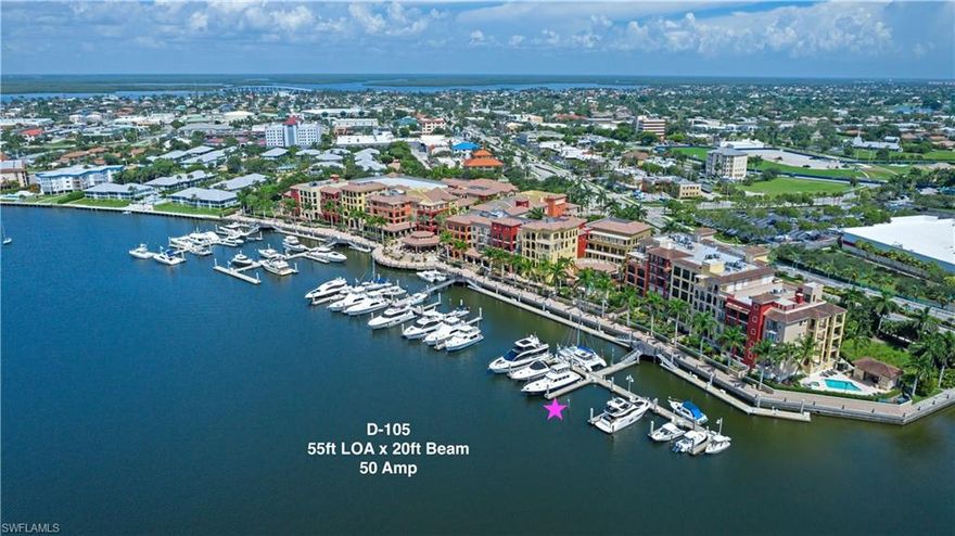Do not miss out on this gorgeous slip located at the prestigious Esplanade Marina right in the heart of Marco Island! This 50 foot slip with a max allowed vessel length of 55 feet has plenty of water for a deeper draft, 20 ft beam and has easy docking access. Sip a cocktail on the promenade at CJ's or share some sushi at Mango's Dockside Bistro. You will have not only some of the most beautiful sunsets over the protected Factory Bay, but the Esplanade Shoppes, grocery stores and all provisions are super close & all within walking distance. The slip has water, cable, wifi, 50-Amp Shore power, pump-out services, close parking, gated security and the local dockmaster onsite daily. There are also showers/laundry/restrooms in the Captain's Lounge. This slip is DEEDED with quarterly marina fees $1,580.78=$6323.10 annually & this includes your maintenance & operating fees plus reserves & taxes. These are Bellingham concrete floating docks & they have always faired well in storms. It is approx. a 20 minute idle back out to the Gulf & fuel is located over at Rose Marina or the Pelican Pier. You may rent your slip out for supplemental income.