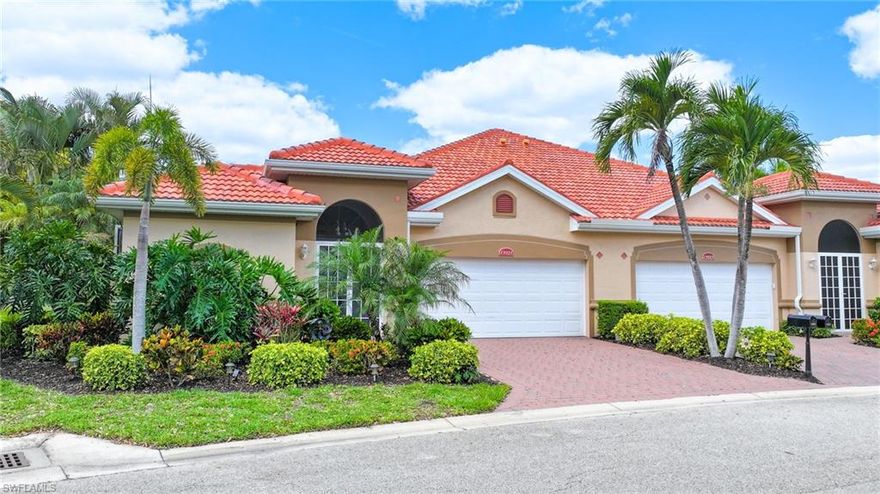 Turnkey!! Lakefront courtyard villa in a highly desirable gated community just off US-41 and minutes to the beach. Located on a rare premium side-yard lot with no rear neighbors, this home offers exceptional privacy, natural light, and peaceful water views. 
Enjoy over 1,200 sq ft of screened outdoor living, including a covered outdoor kitchen with Jenn-Air grill, propane grill, bar fridge, sink, storage, and TV, plus a private spa with waterfall—perfect for relaxing or entertaining.
The single-story layout features a spacious primary suite with lake views, walk-in closet, and ensuite bath. The bright living area and eat-in kitchen both offer water views and open seamlessly to the lanai through sliding glass doors. The kitchen includes maple cabinetry, solid-surface countertops, and stainless-steel appliances. Two additional bedrooms, one currently used as a den, provide flexible living space.
Updates include new roof and gutters (2023), paver driveway (2024), exterior paint (2024), luxury vinyl flooring in bedrooms and den (2024), spa pump and heater (2022), lanai screening (2021), plumbing fixtures (2020), water heater (2018), and A/C (2017). Hurricane protection on all windows and sliders, including roll-down protection on the lanai.
HOA covers lawn care, irrigation, landscaping, pest control, internet/cable, and full exterior maintenance including the roof.
Bell Tower Park amenities include two pools with spas, fitness center, BBQ area, pickleball, tennis, bocce, basketball, and an active social calendar. Convenient to shopping, dining, medical facilities, and spring training.
Move-in ready and ideal for year-round or seasonal living.