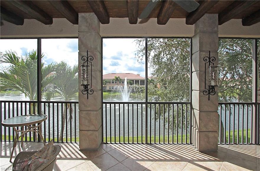 Avellino Isles in Vineyards. Stunning Penthouse Suite with Private Elevator! END UNIT. Spacious Great Room Floor Plan with Split Bedrooms for Privacy. Three bedrooms Plus Den, Three and a half Baths and Two Car Garage. Southern Exposure! Impressive Wrap Around Tiled Lanai with Rustic Wood Beams, Wrought Iron privacy screens & Slate Wall. Panoramic Lake & Fountain Views! Many Upgrades! Stone Staircase with Wrought Iron Railings, Coffered Ceilings, Crown Moldings, Designer Window Treatments, Plantation Shutters, Marble Fireplace, Built in Bookcases, Granite Countertops, Custom Cabinetry and Stone Backsplash , Stainless Steel Appliances, oversized tile on the diagonal. Hand Scraped Wood Floors and California Closets in Master Bedroom. New A/C in 2017! Culligan Water Filtration System and Reverse Osmosis. Impact Glass and Hurricane Shutters. Located behind the main Vineyards Gates. Avellino Isles also has its own impressive Gated Entrance and Resort Style Amenities, with a magnificent 5,600 sq. ft. private clubhouse including an infinity edge pool, spa, grand salon, state-of-the-art-fitness room, library, outdoor cabana.