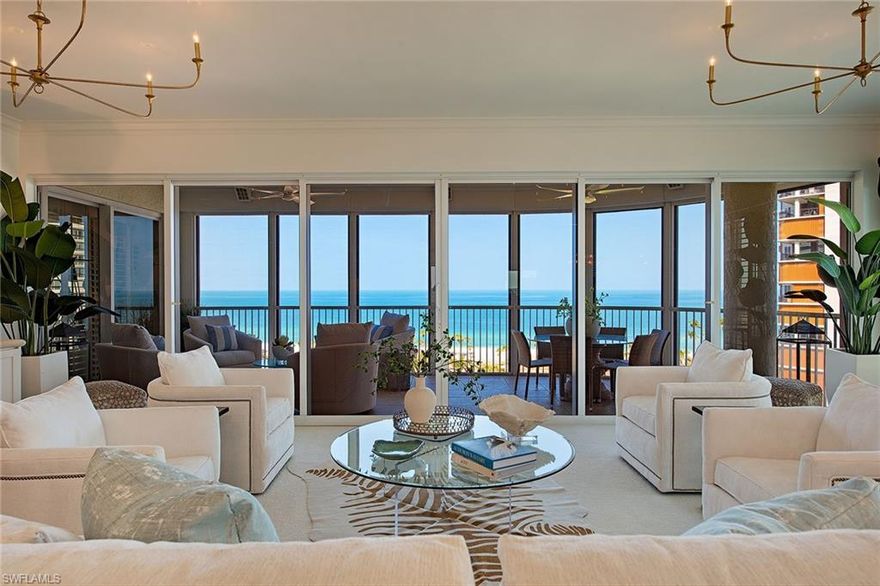 Experience luxurious beachfront living from the moment you enter through the gates of this residential oasis. Le Jardin, "The Garden," is a top-tier boutique beach building with only 52 residences. This sleek and stylish offering is "move-in ready" as it has recently undergone a complete and extensive refresh inclusive of alluring interior design featuring a color palette of sand, sea and sky hues. Perfectly located on mid-level with 9.5-foot ceilings and walls of glass capturing glorious sunrises across sparkling Venetian Bay waters as well as spectacular sunsets overlooking the newly landscaped park and Gulf. The spacious floorplan provides privacy for both owners and guests with 3 bedrooms and 3.5 baths, separate living and family rooms all spanning over 3,669 square feet with two additional screened waterfront terraces. Resort-style amenities featuring a beachfront pool and spa, outdoor grill area, fitness center with sauna and steam rooms, club room, tennis court, three guest suites and 24-hour security.