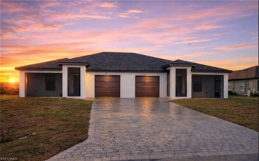 Brand new construction duplex offering an excellent opportunity for investors or owner-occupants. Each unit features 3 bedrooms, 2 bathrooms, and a 1-car garage with 1,119 sq ft of living space. Modern open-concept layout with spacious living areas, well-designed kitchens, and quality finishes throughout. Enjoy a screened front porch and screened lanai, perfect for relaxing or entertaining. Property also includes a paver driveway and contemporary exterior design. Conveniently located near schools, shopping, restaurants, and major roadways with easy access to SR-82, Fort Myers, and I-75. Ideal for generating rental income or living in one unit while renting the other. Profecional pictures coming soon!