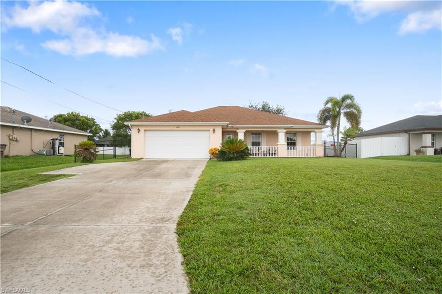 This charming beautifully upgraded property features 3bd plus den, 2 bath 2 car attached garage 1462 sq ft single-family POOL home completely fenced in for your privacy. Enter this inviting open concept home to find the kitchen at the heart of the home flanked by dining, family and den/office rooms providing a cozy gathering atmosphere. Impact windows providing natural sunlight, glass sliding doors onto screened-in Lanai & Pool area with adjacent outdoor tiled patio for all your BBQ & entertainment needs. Full guest bath, ceiling fans, plantation shutters, porcelain tile and carpeted bedrooms throughout the home. A functional mudroom w/washer & dryer round out this home. The master bedroom features a versatile functional space with a full ensuite including his/her closet & tub. The elongated front porch provides serene time with family. Lush landscaped with palm & oak trees surrounding property. This home features a whole house reverse osmosis system. Garage floor is epoxy. New Hot water heater 2022.  Nearby are shops, urgent care, nursing care facility, restaurants, parks and churches. No HOA! No community board! Schedule a showing today.