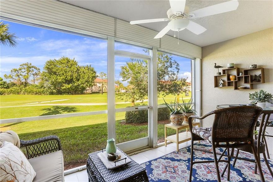 2-bedroom, 2-bath condominium in the Chatham Square neighborhood of Glen Eagle. No detail was missed as you are greeted by 24-inch tile throughout, a luxurious and spacious kitchen with granite counters, stainless appliances and large pantry. Exquisite coastal décor and furniture are especially appealing in our Southwest Florida lifestyle. Plantation shutters, freshly painted throughout, an outdoor patio with a stunning golf course view are just a few of the spectacular features. Granite counters in both bathrooms with a large walk-in closet off the master bedroom complete with closet organizers. You only pay for electric. Basic cable, water and trash are included in the community dues. Golf membership is included and allows for year-round enjoyment or snowbird fun. Glen Eagle has all of the wonderful amenities you are looking for and just minutes to the beach, shopping, 5th avenue, restaurants and more.