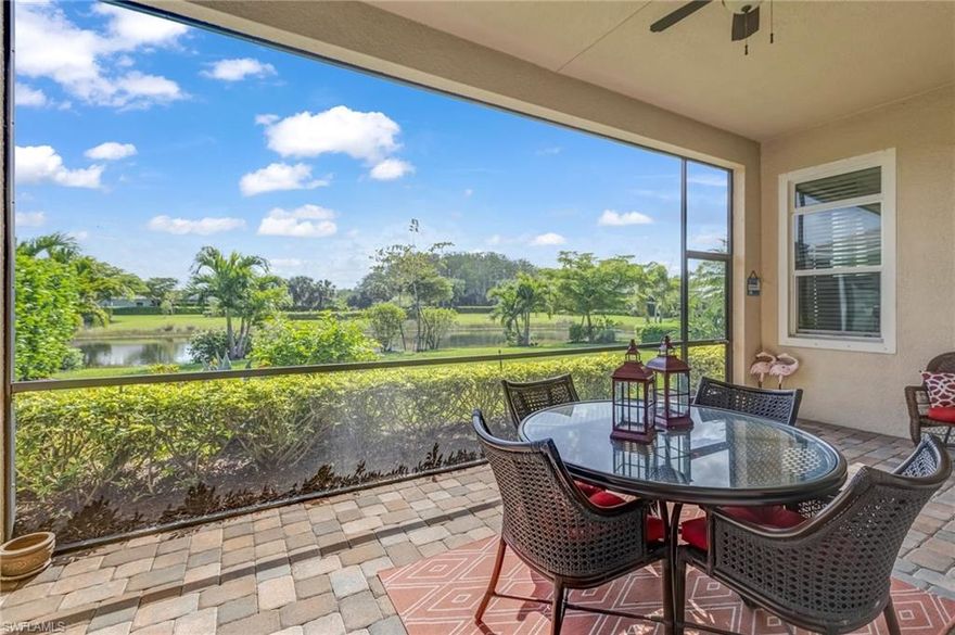 Welcome to Verandah! Located in the desirable Willow Ridge subdivision, this beautifully maintained Kolter-built single-family home immediately impresses with its soaring ceilings and bright, open living space—creating an airy feel that lives much larger than its footprint. Meticulously cared for by seasonal owners, the home shows in truly pristine condition, with immaculate tile flooring throughout and no carpet anywhere. This thoughtfully designed Largo floor plan features 2 bedrooms plus a spacious den that could easily function as a third bedroom—perfect for guests, a home office, or additional flex space. The open-concept layout flows seamlessly into a well-appointed kitchen with granite countertops, gas stove, GE stainless steel appliances, and rich dark cabinetry. Built in 2017, the home offers modern finishes and tasteful window treatments throughout. The primary suite is generously sized and includes dual vanities, a large walk-in shower, and an oversized walk-in closet. Step outside to an expansive lanai with hookups already in place for an outdoor kitchen—ideal for enjoying Southwest Florida evenings. The backyard offers a peaceful water view with plenty of room to add a pool. Additional highlights include a two-car garage, manual hurricane shutters, and a non-flood zone location for added peace of mind. A fantastic opportunity to enjoy life in one of Fort Myers’ premier communities. Residents of Verandah enjoy two championship golf courses, tennis, pickleball, bocce, a fitness center, community pool, dog park, kayaking on the Orange River, and more than nine miles of scenic walking and biking trails, all just minutes from Downtown Fort Myers and the Caloosahatchee River.