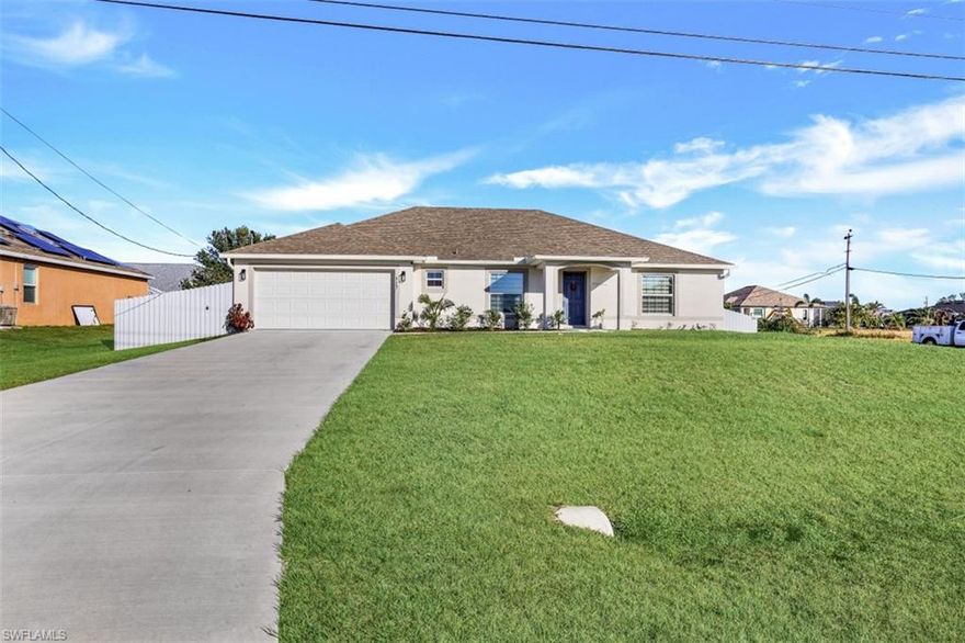 Practically new home built by one most popular builders in all of Lee County, this home offers 3 bedrooms, 2 bathrooms, and a 2 car garage! This is an amazing opportunity here in Cape Coral as the home is over 2,000 square feet and nearly brand new! As you enter the home, the cathedral ceilings opens up the living room and kitchen to stunning natural light. The kitchen features brand new granite counted, stainless steel appliances, and 42’ cabinetry. The owner’s suite is oversized, easily fitting a king size bed and an entire bedroom set.  The modern look and feel of the bedroom, walk in closet, and  owner’s ensuite gives the feeling of luxury. The lanai of the home is a great opportunity to host gatherings and relaxing Florida evening.  The lot and backyard of the home has been entirely fenced around, creating privacy. This home and community is ideal for anyone from a first time home buyer to a family with children. Call us today to learn more!