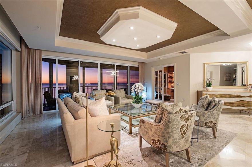 Experience the epitome of Park Shore beachfront lifestyle. Le Jardin's design offers unique privacy from the moment you enter your garage and step into your residence. This spacious, luxurious home has window walls of glass inviting an abundance of south-side light while framing stunning views of the glistening gulf, Venetian Bay and city vistas. The thoughtfully designed floor plan features a generously sized primary suite, separate living and family rooms, and two secluded guest rooms, along with two screened and shuttered lanais ideal for enjoying spectacular sunrises and sunsets. Offered fully move-in ready and turnkey furnished, the elegant interior design seamlessly blends timeless style with contemporary sophistication. Le Jardin, The Garden, is a top-tier boutique beach building with only 52 residences. Resort-style amenities are inclusive of a beachfront pool and spa, outdoor grill area, fitness center with sauna and steam rooms, club room, tennis court, three guest suites and 24-hour security.