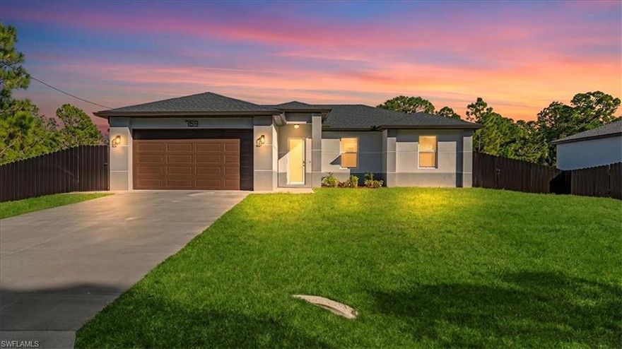 Welcome home to this stunning New Construction 3-bedroom, 2-bathroom residence in a flourishing area of Lehigh Acres. The open-concept design creates a bright and airy atmosphere, centered around a flawless kitchen that boasts elegant wood cabinets, sleek quartz countertops, and a full suite of brand-new stainless steel appliances. Safety and serenity are ensured with impact windows and doors installed throughout. The home also features a fully fenced backyard, offering added privacy and a safe, dedicated outdoor living space. Every corner radiates modern style with gorgeous porcelain tile underfoot. This move-in-ready property requires zero updates, offering the perfect, low-maintenance sanctuary. Call now for a private showing!