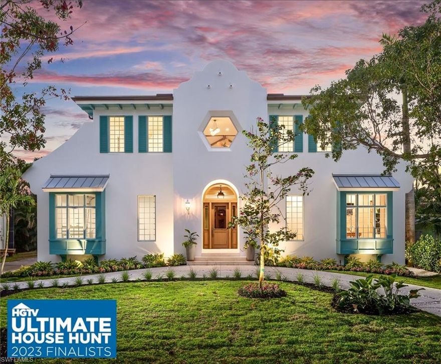 HGTV Ultimate House Hunt 2023 Finalist-Amazing Kitchens! This NEW CONSTRUCTION residence built by Provident Beach Houses exemplifies Dutch West Indies architecture with a contemporary white facade elegantly complemented by Dutch gables. Its exceptional location near Crayton Cove, 3rd Street S, Naples Pier, and pristine Naples beaches. The stunning interior has thoughtfully curated bespoke details inspired by tropical destinations around the world. Finishes include wide smoked white oak hardwood floors, 11ft ceilings with whitewashed beams, soaring 15ft beamed chapel ceiling in the first-floor master suite plus 10ft tall walls of glass showcasing a Western sunset and pool view. The open layout boasts a gourmet kitchen featuring a white Bertazzoni gas range and large center island. The first floor also hosts an office/5th bedroom, built-in master suite laundry, and a garage or potential man cave with room for racks holding up to 4-cars. Upstairs are 3 more suites, an expansive game/living room with exposed high beam hip ceiling, plus 2 balconies overlooking the pool. The outdoor space has a shell stone paver pool deck, gas heated pool, party spa, outdoor shower, and summer kitchen.