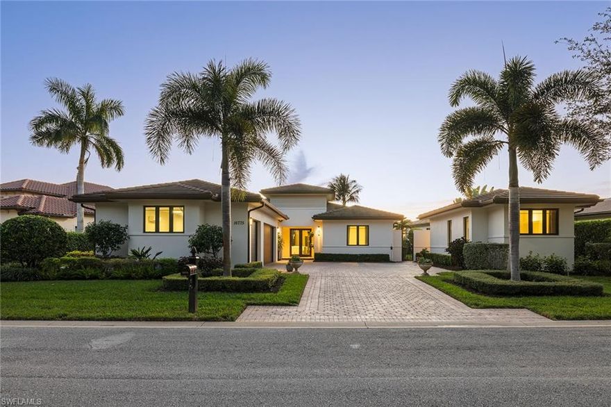 Tucked within the gated community of Mediterra, this 2020 London Bay-built residence in the Cabreo enclave captures the essence of refined Florida living. Designed with intention and set against tranquil water views, the home is perfectly positioned for natural light and glowing sunsets from its southwestern exposure.  Arriving through glass French doors, guests are welcomed into a thoughtfully curated interior where architectural detail meets modern performance. The open-concept layout is grounded by wood-look tile flooring and solid-core interior doors, while painted ceiling beams and a custom feature wall define the great room. This central space is designed for both quiet evenings and indoor-outdoor entertaining, opening to a terrace through expansive sliding doors.  At the heart of the home, the kitchen balances elegance with functionality: paneled Sub-Zero refrigeration, a Wolf gas cooktop with double wall ovens, a Miele dishwasher, and leather-finish granite surfaces support culinary endeavors. The island anchors the space, framed by soft-close cabinetry, reverse-osmosis water filtration, and a Uline wine cooler.  The primary suite serves as a retreat, with double tray ceilings and private access to the pool terrace. Its bath is designed with dual vanities, a central vanity, a frameless glass shower with multiple spray options, and a sculptural soaking tub. The walk-in closets are customized for organization and scale.  The outdoor living area elevates the experience further: motorized roll-down screens, a saltwater pool and spa with sunshelf, and a fully equipped outdoor kitchen—complete with granite counters, built-in gas Wolf grill, a sink, and refrigeration—invite year-round use.  A detached casita with a private bath provides guest accommodations, while additional features include impact-rated windows, a Generac generator, integrated sound system, landscape lighting, and an air-conditioned three-car garage with insulated doors and epoxy flooring.  Have it in the award-winning community of Mediterra. Enjoy your toes in the sand and golden sunsets at Mediterra's fully renovated private Beach Club along the Gulf. Imagine arriving to have your car valet-parked and lounge chairs and umbrellas waiting for your arrival or set up upon your request. With 10,000 square feet of space, the upper level offers indoor and alfresco dining, a full bar, swimming pool along with lockers and dressing areas for changing. Spend the day and enjoy dinner while watching the sunset in the distance. In the award-winning community of Mediterra, where you can have it all with 36 holes of Tom Fazio championship golf, Har-Tru tennis courts, pickleball, bocce and a private beach club!