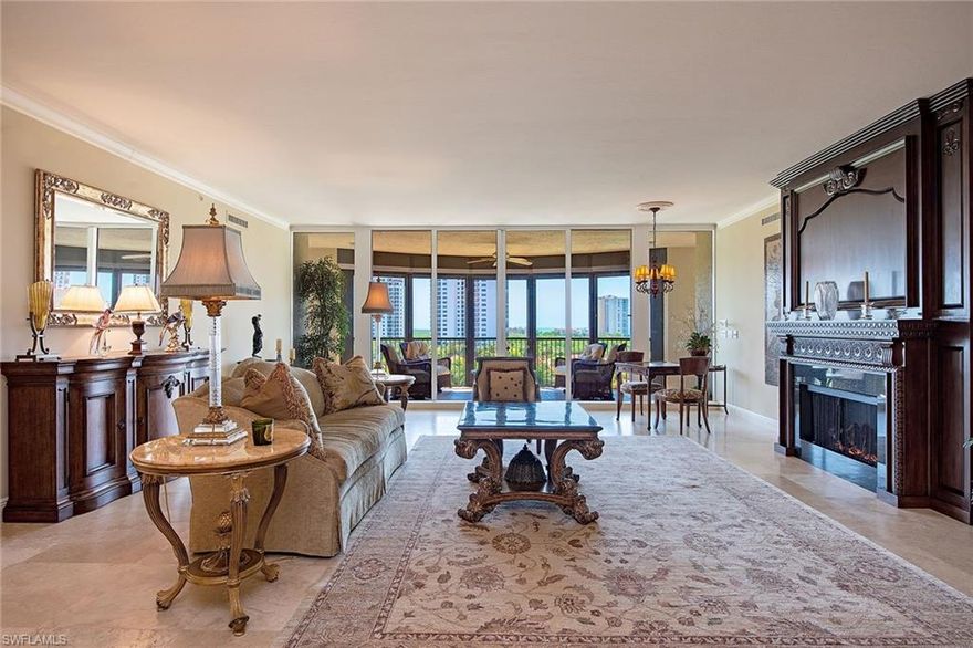 Step off the secured elevator directly into this beautiful "home in the sky,” providing 4,875 square feet of luxurious living. This thoughtfully designed floor plan lives like a single-family home with the conveniences of high-rise living.  This residence features four bedrooms plus a den/media room, four and a half baths, 9-foot-4-inch ceilings and a formal living room together with a casual family room adjacent to the gourmet kitchen. The kitchen features gas cooking and white, custom cabinetry. The interior flows effortlessly to the outdoor screened-in lanai spanning 75 feet with lovely Gulf, city and preserve views. Two parking spaces and an air-conditioned storage locker convey with the residence. Furniture is available.