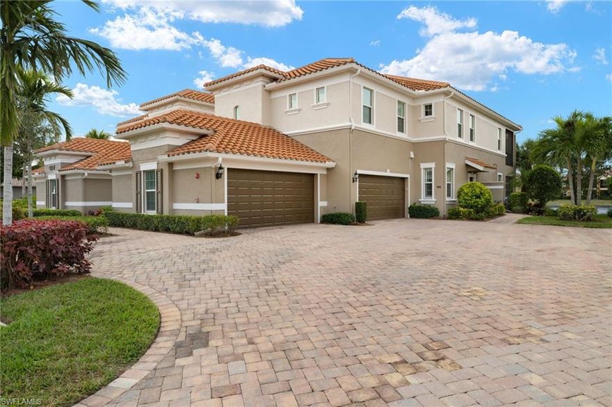 FANTASTIC LAKE VIEW! 1st-Floor Carriage Home with 2-bedrooms plus a Den, 2-bathrooms and a 2-car garage (2017). Open concept features a spacious great room, 8' ft doors, breakfast bar and kitchen nook. Kitchen has white cabinets, stainless steel appliances, granite countertops and custom tile backsplash. Two sets of sliders open to a screened-in lanai with a gorgeous lake view. Primary suite has a walk-in closet, oversized soaking tub, glass enclosed walk-in shower and dual vanities. Additional upgrades include: large tile on the diagonal throughout the home, Plantation shutters, interior recently painted, and custom-built desk in the den. Laundry room includes washer, dryer and utility sink. Rare opportunity to secure a GOLF MEMBERSHIP if desired, skip the waiting list, this home comes with an optional membership. Feel the comfort in knowing this home is not in a flood zone and is HURRICANE PROTECTED with impact windows and doors. HOA fees include cable, high-speed internet, lawn mowing and fertilizing, landscape trimming, pest control, water, exterior insurance and access to a wide range of amenities including tennis and pickleball courts, bocce ball and a fitness center! Other amenities include two resort style pools and spa, social clubs, and more! The Plantation Golf & Country Club, which is situated within the gated community, features a Hurdzan-Fry championship 18-hole golf course in addition to a clubhouse and restaurant. Golf and social memberships are not required. Great location near I-75, shopping, restaurants, airport and beaches.