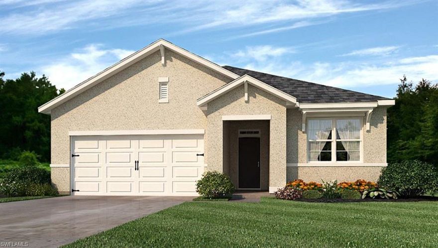 Under Construction. WELCOME TO YOUR BRAND NEW HOME!!  This is our ARIA floor plan at 1672 square feet.  Great NW Cape Coral location right near Chiquita Blvd and Tropicana Pkwy.  Home comes with 36” Ashburn Sienna kitchen cabinets with hardware, quartz kitchen counters, solid surface bathroom counters, 18” tile everywhere except the bedrooms, carpet in bedrooms, ceramic tile in both bathroom showers, stainless kitchen appliances, white washer and dryer, blinds on all windows except for slider, paver driveways and lanai, covered lanai, full irrigation system, electric garage door with opener, a home-is-connected convenience package, and full builder’s warranty.  We offer several varieties of financing options and ways to contribute to your closing costs.  This is why owning a brand new home from America’s largest builder is going to be your best option.