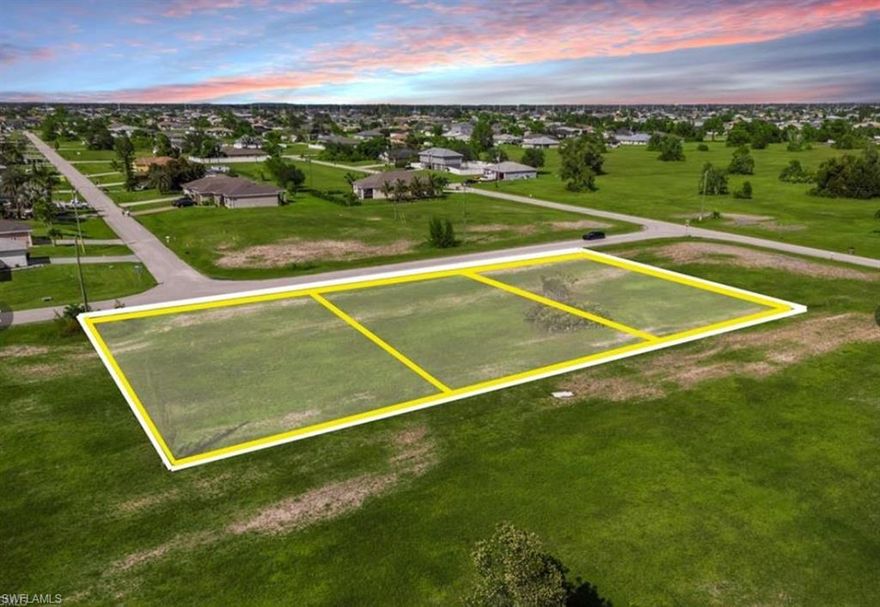 Rare Opportunity – 3 Adjacent Lots in NW Cape Coral! Seize this incredible chance to own three contiguous parcels being sold together, offering a combined total of 0.70 acres of prime land in the highly desirable Northwest Cape Coral/ Diplomat area. Situated just off Diplomat Parkway, these lots are perfectly positioned in one of the city’s fastest-growing regions — surrounded by beautiful new homes, future development, and promising infrastructure expansion. Whether you're an investor, developer, or future homeowner, this is an ideal opportunity to secure a large, versatile piece of property in a rapidly appreciating market. This location offers quick access to major roadways, schools, golf courses, parks, and shopping. This is zoned residential but is also part of the Future Commercial Corridor with endless possibilities. There are no HOA fees or deed restrictions, giving you freedom and flexibility in your plans. Don’t miss out on this unique opportunity to invest in one of Cape Coral’s most promising and peaceful areas. Large, connected parcels like this are hard to find — act now to secure your place in this rapidly growing part of Southwest Florida