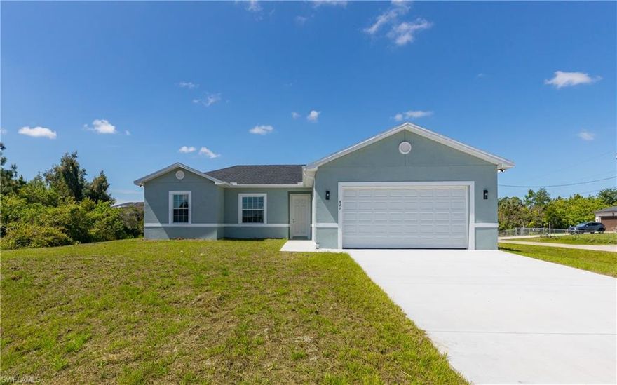 BRAND-NEW -CUSTOM BUILT/NEVER LIVED IN | MOVE-IN READY! This 4-BEDROOM, 2-BATH home is on an OVERSIZED CORNER LOT and features an open floor plan with 10 ft high ceilings and natural light. Modern finishes, and  TILE FLOORING throughout (no carpet). The kitchen offers stainless steel appliances, solid wood cabinets, and ample counter space. The primary suite includes a walk-in closet, tiled walk-in shower, double sinks, and split-bedroom layout. Three additional bedrooms provide flexible space. Additional features include FRENCH DOORS, indoor laundry, ceiling fans, HURRICANE SHUTTERS, a two-car garage. Located in X FLOOD ZONE so no flood insurance required.