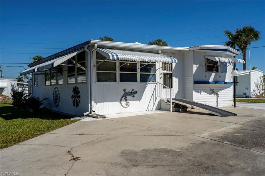 This property is located in a 55+ community that offers many great amenities. This 2-bedroom, 2-full bathroom home is ready for its future owner and includes a spacious living room, eat-in kitchen, enclosed porch, bonus room, and lots of windows with natural light. Updates to the home include remodelled bathrooms and newer flooring in the living room, kitchen, and bedrooms. The front entrance also has a wheelchair-accessible ramp, which can be removed if not needed. The community has a low monthly HOA of only $175 and includes access to a heated swimming pool, 9-hole golf course, clubhouse, shuffleboard, bocce ball, free boat storage and docking, and a private boat launch with access to the Caloosahatchee River and the Gulf. There are many ways to enjoy Florida living in this community. All offers are welcome!