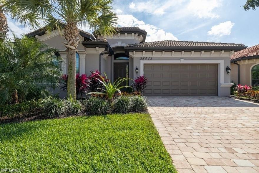 Almost new and barely lived in! This beautiful Toll Brothers Luxury Pool Home
is located in Cordova at Spanish Wells. Home has three bedrooms and 2 bathrooms with french doors on one of the bedrooms that can easily be used as an office or music room.The open floor plan is complimented with 12 ft. tray Ceilings, and tiled floors throughout. Gourmet Kitchen has Gas Cook-Top Stove and Double Wall Oven with Plenty of Counter Top Space for the Gourmet Cook. Thermal double hung windows with a pocket slider patio door going out to the lanai. Custom Gas Heated Pool and Spa has indoor Jandy Links System to operate pool functions. Both pool and lanai is fully enclosed with screen enclosure. Pool has a SW exposure with beautiful lake and landscaped common area view. Amenities available are clubhouse, tennis, community pool exercise room, and offers a golf membership to golfers. This home is a Must See and will not dissapoint!