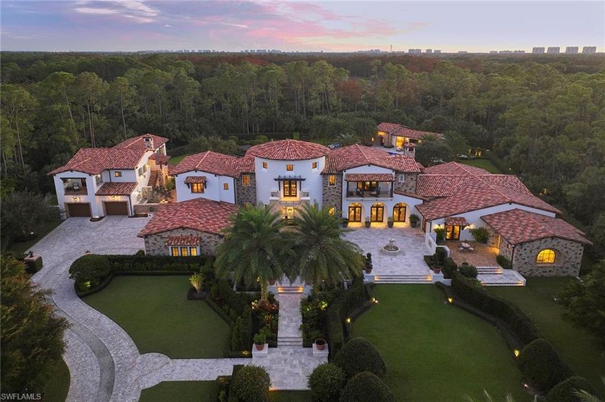 Welcome to 28970 Il Cuore Court, a masterpiece in the prestigious Mediterra Golf Club community. Crafted by London Bay Homes in 2017, this Italian Tuscan-inspired estate spans nearly two acres, surrounded by a serene 50-acre preserve, offering unmatched privacy and tranquility. This magnificent estate offers immediate Mediterra golf membership eligibility and consists of a main house, guest house and pool pavilion. No detail has been overlooked. From the moment you enter the two-story rotunda foyer, you are greeted by the grand staircase, subtle Venetian plaster walls and exquisite marble flooring. The custom kitchen is a chef’s dream with dual AGA ranges, English bespoke Smallbone cabinetry, Sub-Zero refrigerator and beverage drawers along with dual dishwashers and ample space to create that ideal holiday dinner. The kitchen opens to a spacious family room featuring a vaulted wood beam ceiling with views to an inviting central courtyard highlighted by reclaimed Chicago brick pavers overlooking stunning Italian gardens complete with a variety of citrus trees. Relax and entertain family and friends in the mild Naples climate at the separate pool pavilion featuring a pool bath, full kitchen, 54-inch Viking grill and covered great room area with automated screens and shutters opening to a mosaic-tiled pool, natural gas fire pit and 14-person spa. The detached guest house with full kitchen, living room and two bedrooms with en suites is ideal for out-of-town guests. The elegant main house also includes dual studies and a spacious primary suite with a private screened lanai. Additional features of this unparalleled estate include a 100-kilowatt generator capable of operating the entire property, four-car climate-controlled garage spaces and Crestron home automation. A world of luxury awaits you in the exclusive Mediterra community with two 18-hole Tom Fazio-designed golf courses, a full-service wellness and fitness center, and a magnificent recently refurbished beach club complete with a rooftop pool and waterfront dining on the white powdery sands of the Gulf of Mexico.  Don’t miss your chance to own this extraordinary estate!