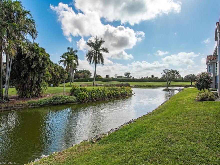 BEAUTIFUL LAKE VIEW of all the action at the par three, hole #14, of Tom Fazio design course. Tastefully furnished Turnkey with loads of storage and many upgrades, including 20 in. diagonal tile floors throughout, newer hot water heater, new A/C in 2017, plantation shutters, upgraded fans and lighting. Generous kitchen boasts newer appliances, large walk-in pantry, center island, granite countertops, kitchen nook, and breakfast bar. Both baths newly renovated. Master bedroom has double door entry and very spacious walk-in closet with built-ins. Master bath features garden tub, separate shower, dual vanities and upgraded lighting. Large storage cabinet with plenty of shelving in laundry area, plus an additional fully equipped separate storage room as well. Short distance to tennis courts and community pool/spa. This community borders on Naples Bay and offers spectacular views from the clubhouse. There is a 72-slip marina, and shuttle boat service to Keeywadin Island, plus sunset cruises. Windstar is a short distance to 5th. Avenue, beaches, shopping and restaurants. Some furniture exclusions apply. Please see inventory list.