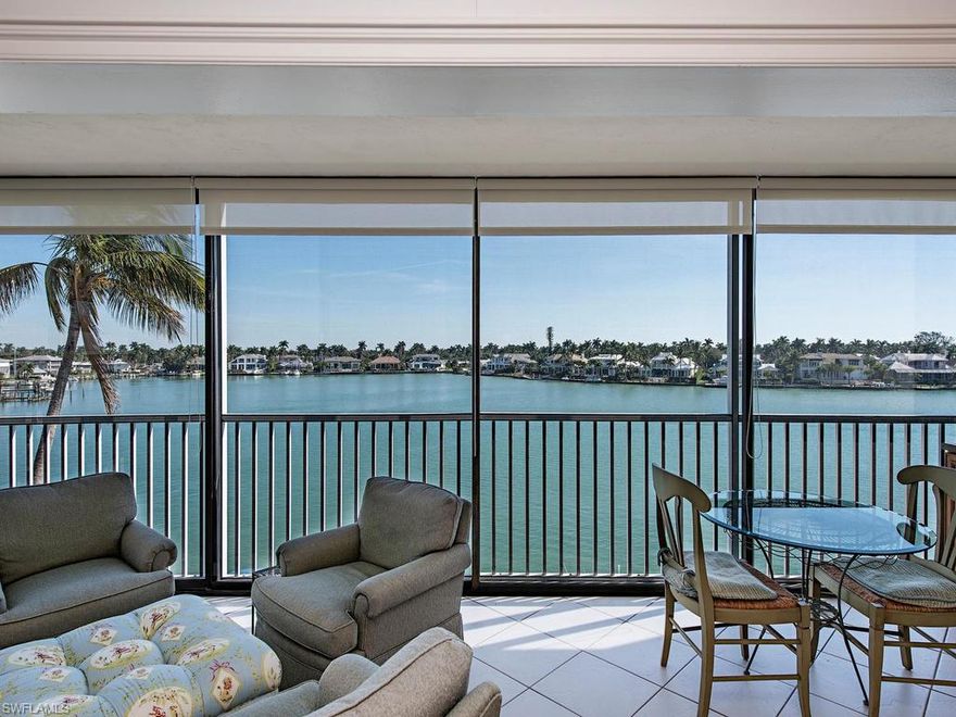 Fabulous opportunity to own a beautiful 3 bedroom 2 bath condominium directly on the Bay with spectacular  views of Moorings Bay all day long! Every room has a beautiful view of the Bay, and the Master has a view of the Gulf of Mexico! This condominium has a remodeled kitchen with Quartz counter tops, white cabinets, and a beautiful beadboard ceiling. Lovely tiled floors throughout and newer carpet in 2 of the bedrooms. Crown molding, plantations shutters, wonderful built ins for extra storage and lots more! Miramar is a very popular condominium as it is located directly across the street from the Gulf of Mexico sandy beaches with beach access, just steps away to enjoy beautiful sunsets!  Additionally, for boaters, boat docks can be leased for $600/year, and there is direct access to the Gulf of Mexico with no bridges, so sailors are welcome! The building is secure and well maninted building with a on-site manager and only 4 units per floor.