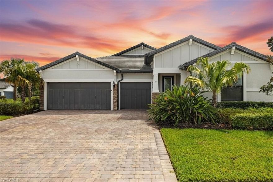 Welcome to your private oasis in the heart of Ave Maria, located within the highly sought-after Avalon Park community. Perfectly positioned on a premium corner lot, this stunning residence offers enhanced privacy, expanded outdoor space, and exceptional curb appeal.
Boasting over 2,400 square feet of thoughtfully designed living space, this 4-bedroom + den, 3-bathroom home with a 3-car garage seamlessly blends comfort, elegance, and functionality. Inside, you’ll find soaring ceilings, an open-concept layout, and elevated finishes throughout, including quartz countertops, KitchenAid appliances, a double oven, and a sleek slide-in range with a custom hood vent. The coffered ceiling in the main living area adds a refined architectural touch, while the glass French doors leading into the den create the perfect space for a home office, study, or flex room.
Step outside and experience true Florida living. Your private backyard retreat features a beautiful pool and spa, complemented by a fully equipped outdoor kitchen and spacious dining area—ideal for entertaining or relaxing in total tranquility. With the added benefit of a corner lot, this outdoor space feels even more expansive and secluded.
Located just minutes from Ave Maria’s vibrant town center, residents enjoy access to parks, walking trails, shopping, dining, and year-round community events. Plus, this home is within walking distance to the highly sought-after Donahue Catholic Academy, adding even more convenience and appeal.
This home offers the perfect combination of luxury, privacy, and lifestyle. Opportunities like this don’t come often—schedule your private showing today.