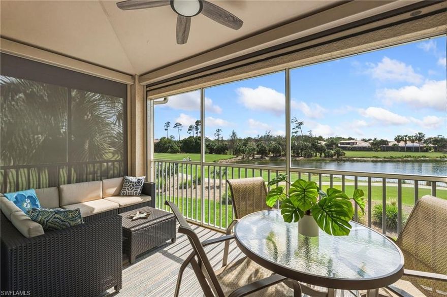 Experience style and modern comfort in this impeccably maintained 3-bedroom, 2-bath condo with an attached garage, perfectly situated within the popular Sabal Palm community at Grandezza Country Club. Blending traditional warmth with contemporary finishes, this home offers an inviting atmosphere enhanced by serene water and golf course views! An open-concept layout creates effortless flow throughout the main living spaces, where abundant natural light and tranquil outdoor vista set a relaxing tone. The well appointed eat-in-kitchen anchors the home with modern cabinetry, quartz countertops, updated appliances, and generous counter space - ideal for the chef in the family. The spacious primary suite provides a peaceful retreat with beautiful water and sunset views, while the additional bedrooms offer comfort and flexibility for guests or a home office. Step onto the screened lanai to enjoy a quiet morning coffee or entertain with a backdrop of shimmering water and rolling fairways. This maintenance free home is further enhanced by electric hurricane shutters, an updated roof, newer A/C and newer water heater, offering peace of mind and easy living.

Grandezza Country Club offers 18-hole Championship golf, tennis courts, fitness/wellness center, Olympic size pool, cabana, casual/fine dining and many social events and amenities. Close to I-75, SWFL International Airport,  shopping and restaurants, makes this home an ideal location in rapidly growing Estero, FL